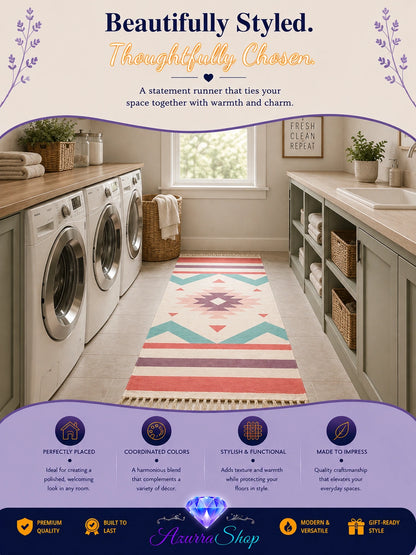 Red, teal, and cream geometric diamond patterned runner rug laid out in a laundry room between washer and cabinetry