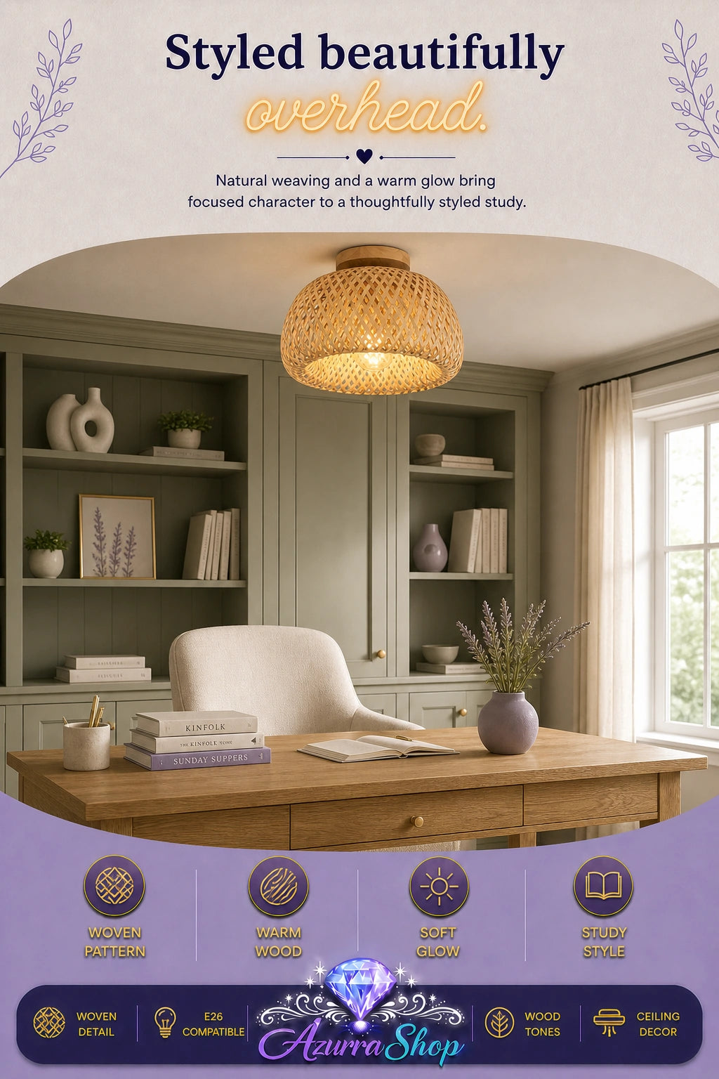 Woven wood ceiling lamp hanging above a wooden desk in a styled sage-green home office with bookshelves and a white chair