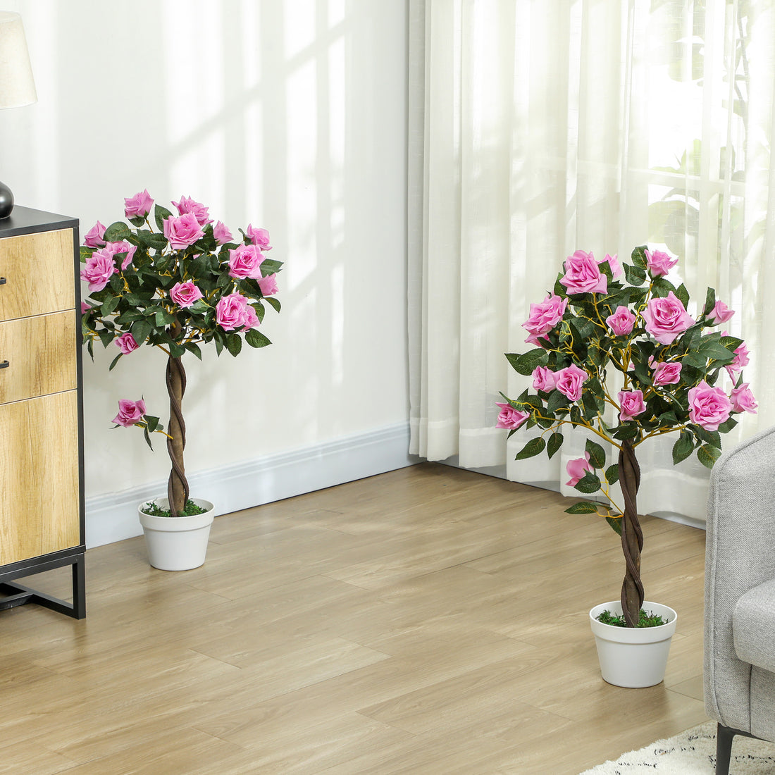 Set of 2 Artificial Rose Floral Trees in Pot — 35" Tall