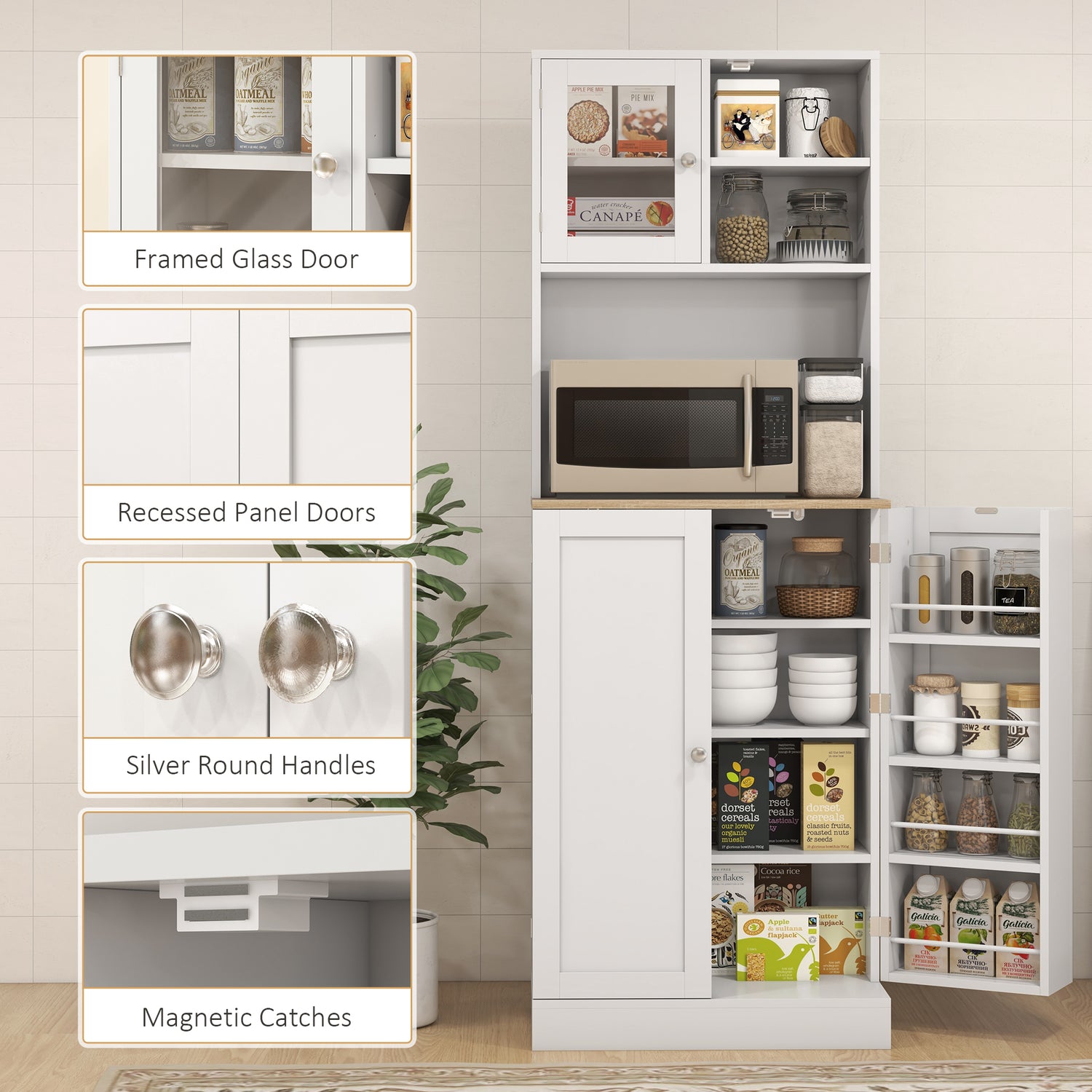 66.5" White Kitchen Pantry Cabinet with Glass Doors