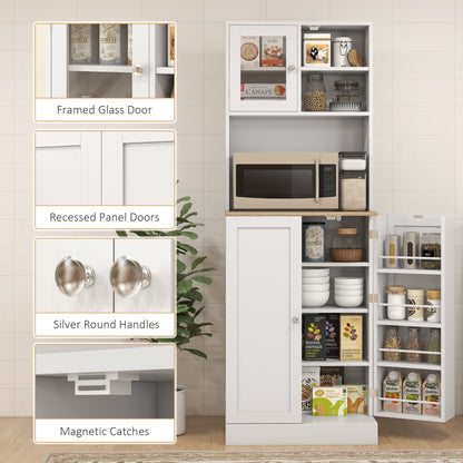 66.5" White Kitchen Pantry Cabinet with Glass Doors