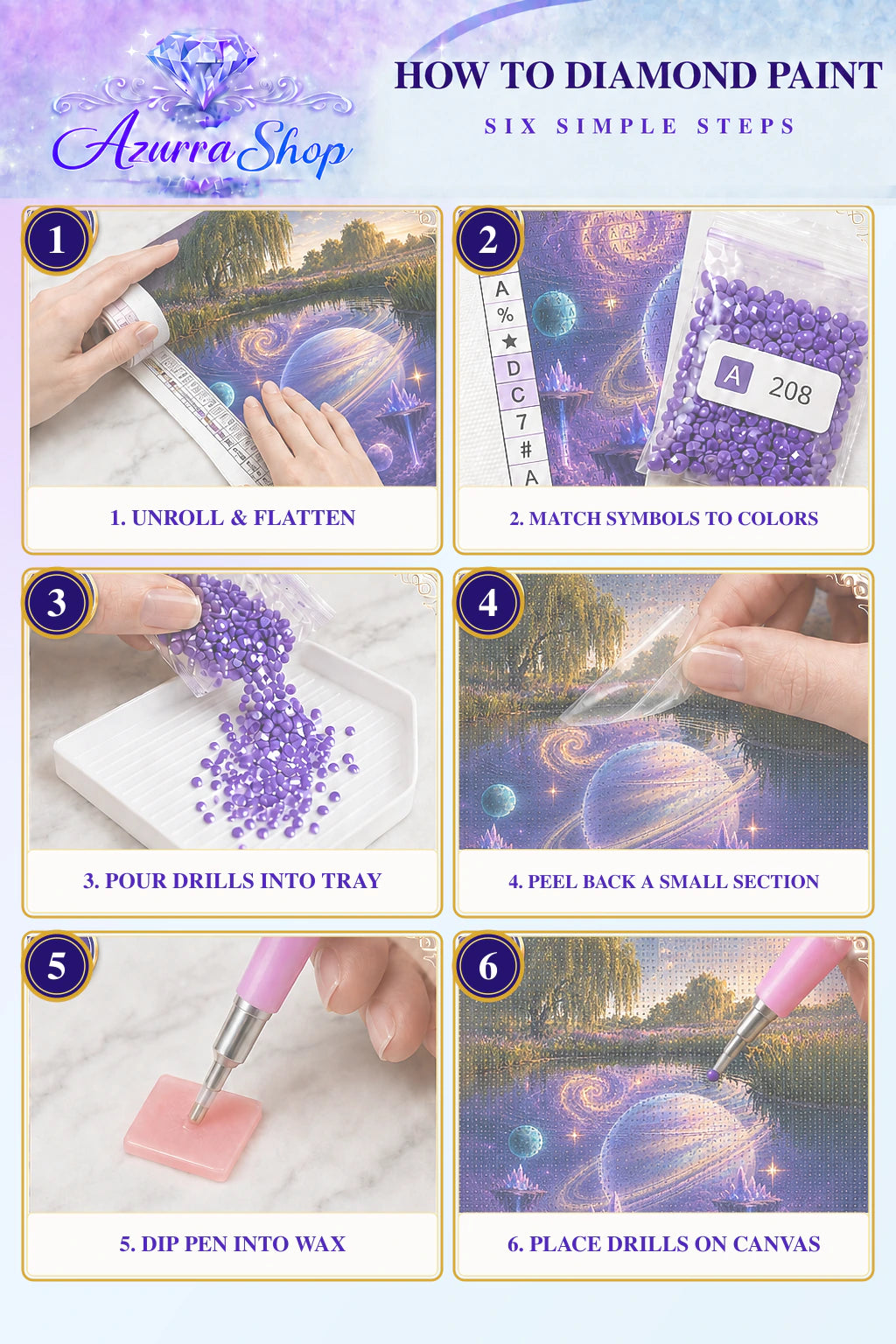 Diamond painting steps for The Sky Beneath the Water — Azurra Shop