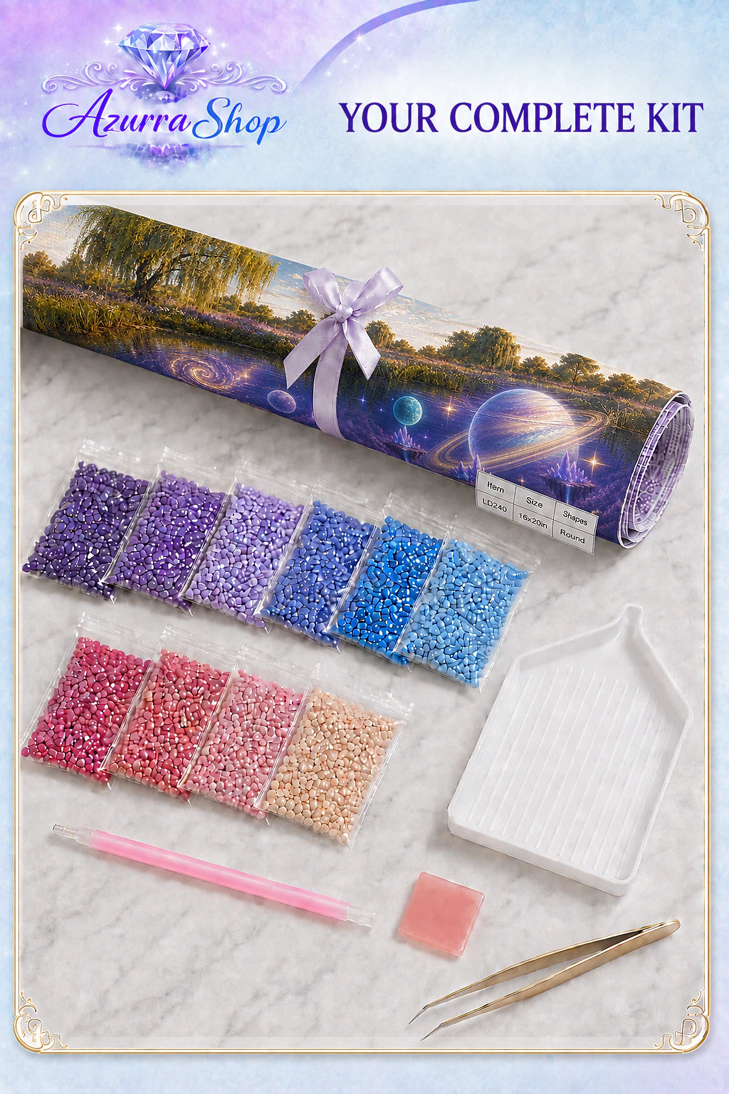 Diamond painting supplies flat lay for The Sky Beneath the Water — Azurra Shop