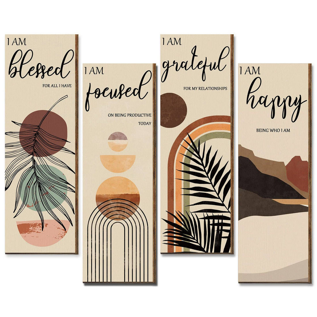 Boho Positive Affirmations Wall Art Prints — set of 4, wooden, 11x4", mid-century minimalist style — Azurra Shop