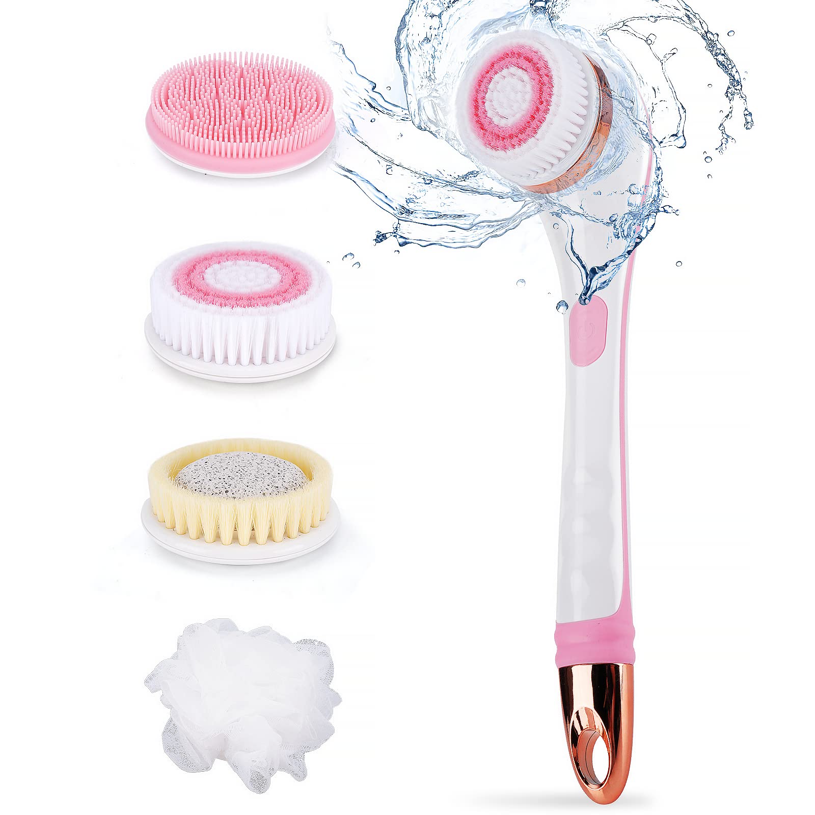 Electric Body Brush with 4 Spin Heads — 14.6" handle, 2 speeds, IPX6 waterproof, 60-min battery, silicone/bristle/pumice/loofah, pink — Azurra Shop