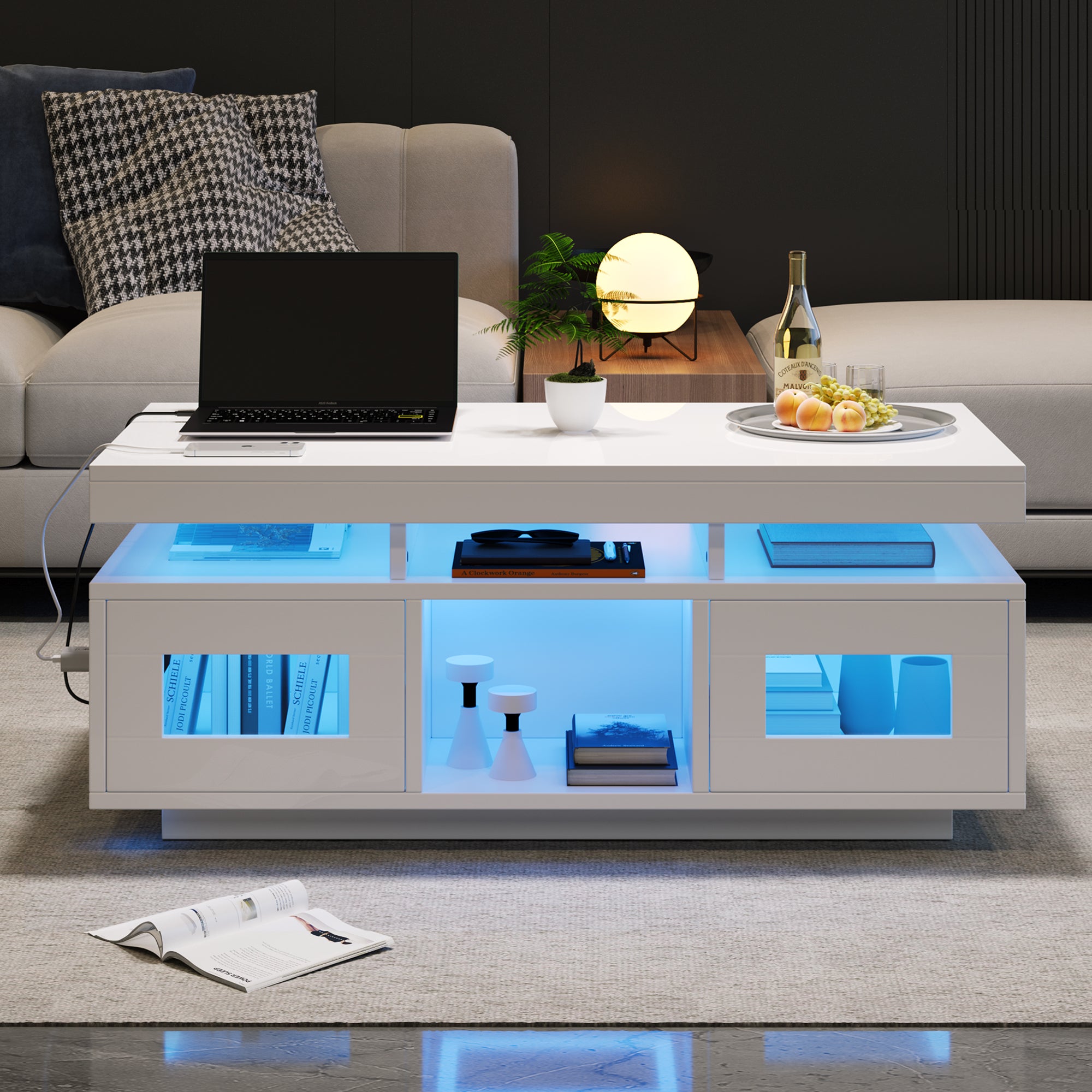 High Gloss Coffee Table with LED Lights &amp; USB Charging — White