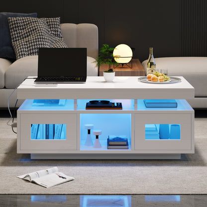 High Gloss Coffee Table with LED Lights &amp; USB Charging — White