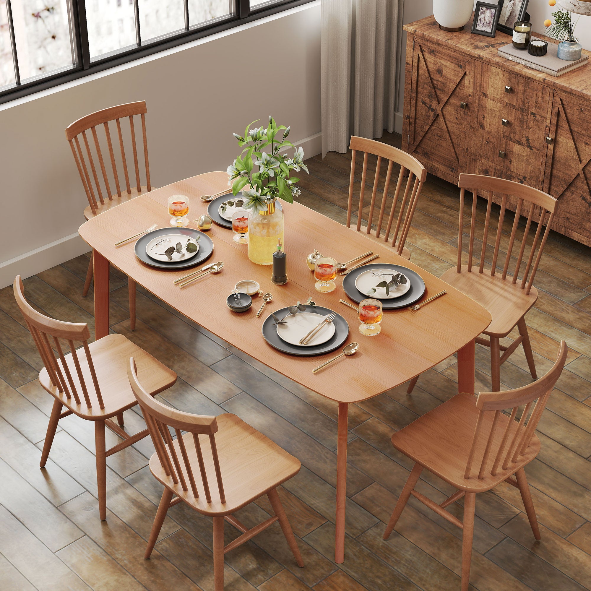 59" Pine Wood Rustic Dining Table for 6