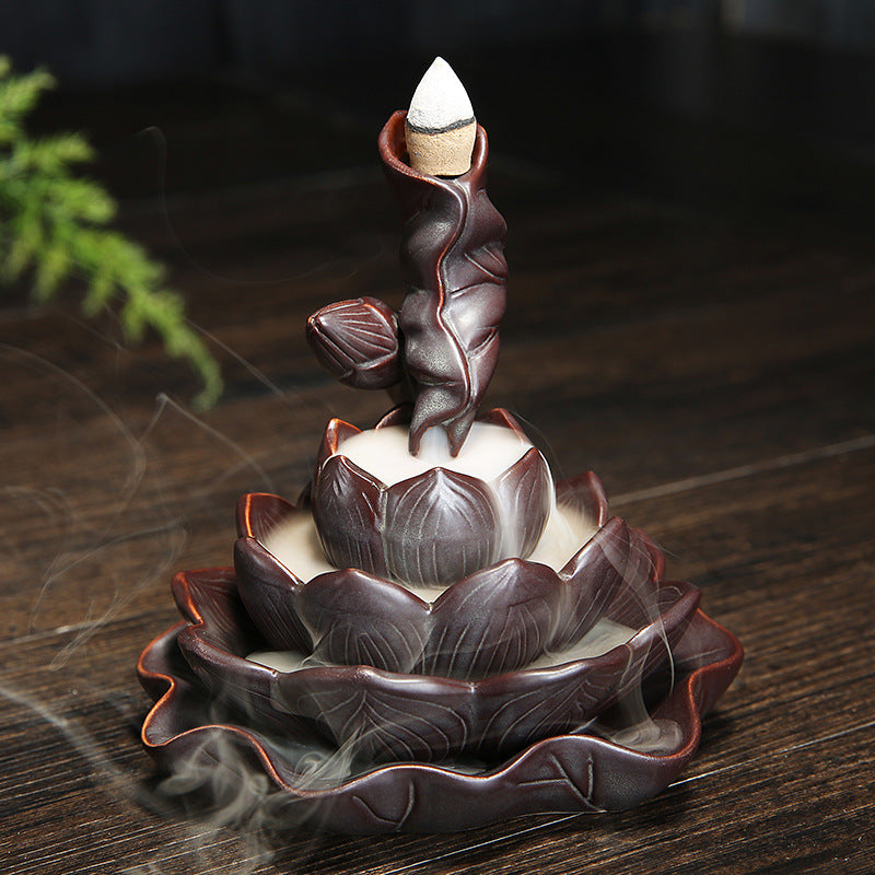 Lotus Backflow Burner: > Lotus Backflow Incense Burner — handmade ceramic, 5.1"x5.1"x5.1", waterfall smoke effect, brown, tea ceremony &amp; meditation decor — Azurra Shop