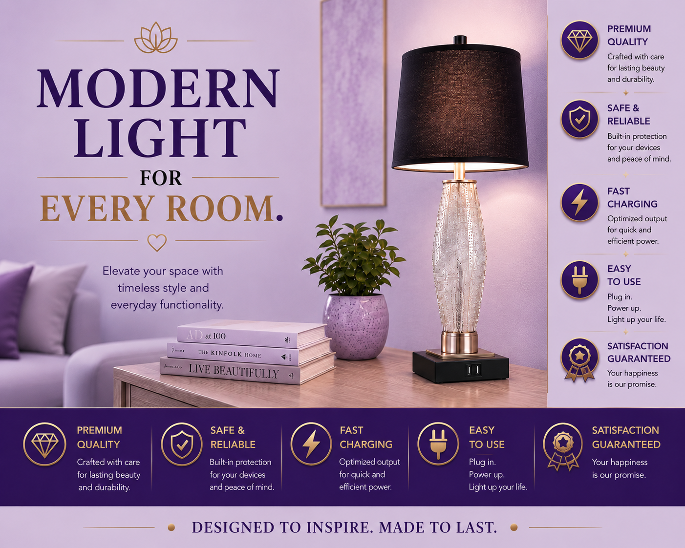 Table Lamps Set of 2 with USB A+C Charging Ports