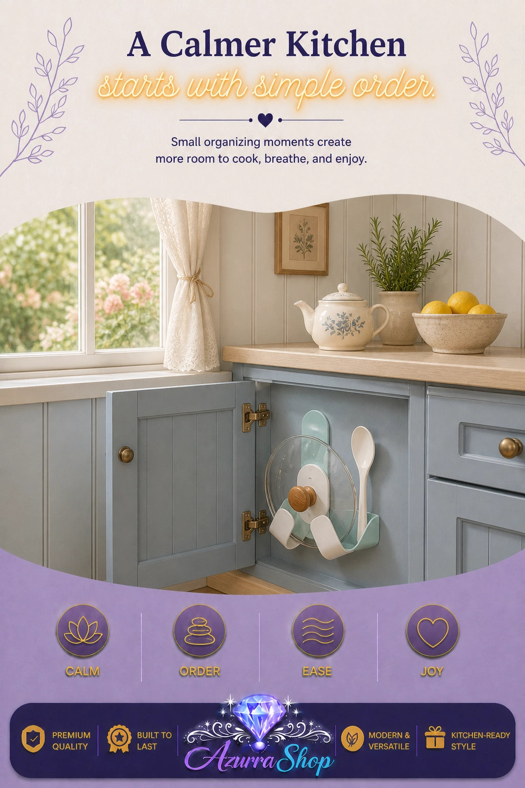 The pot lid holder hanging on a light blue cabinet door in a styled kitchen scene, with promotional text at the top and a purple footer banner featuring the brand name Azurra Shop.