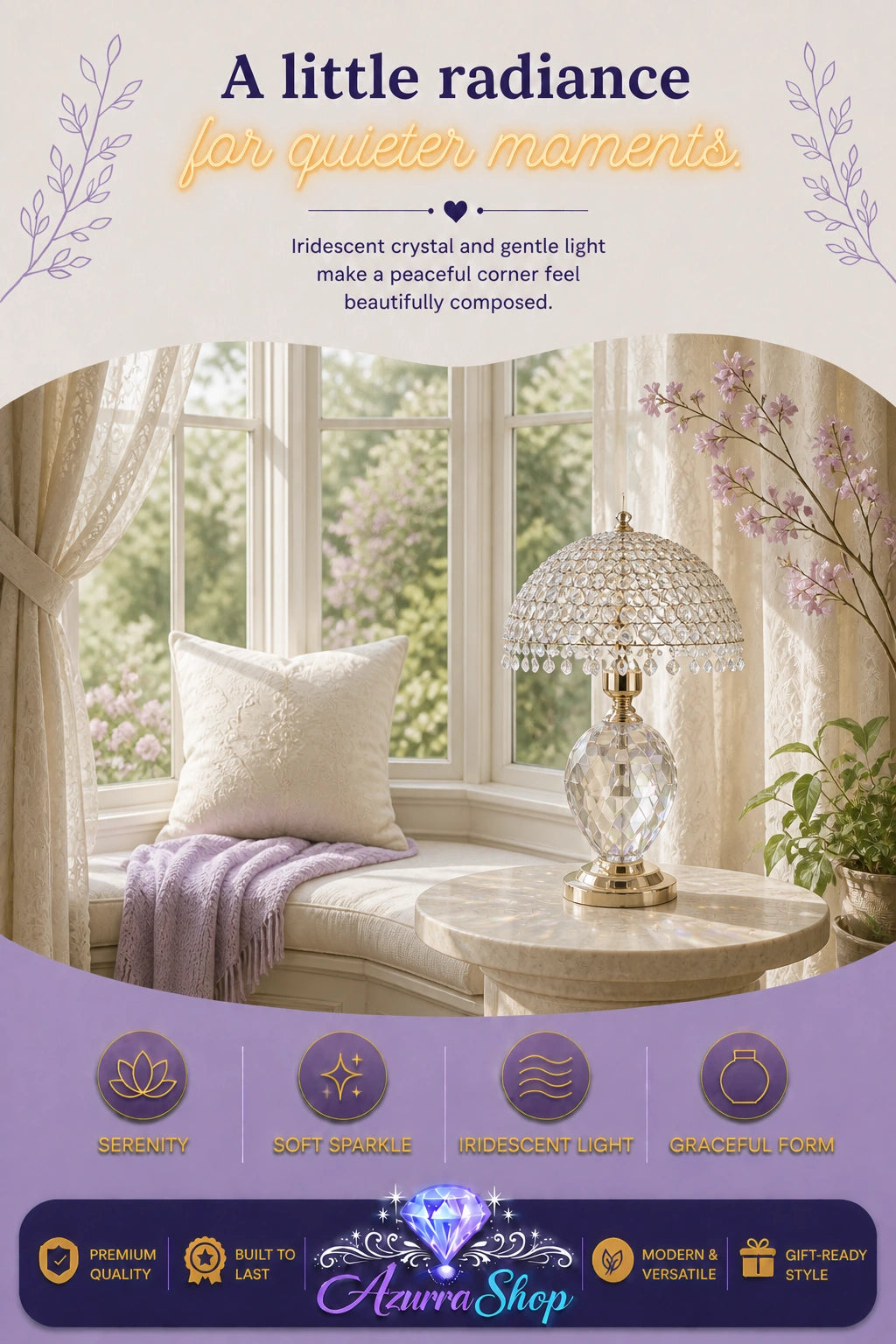 A decorative crystal table lamp with a gold-toned base and a faceted iridescent shade, shown in a styled interior scene beside a window with curtains and a cushion. The image includes promotional text and a purple footer with the brand name Azurra Shop.