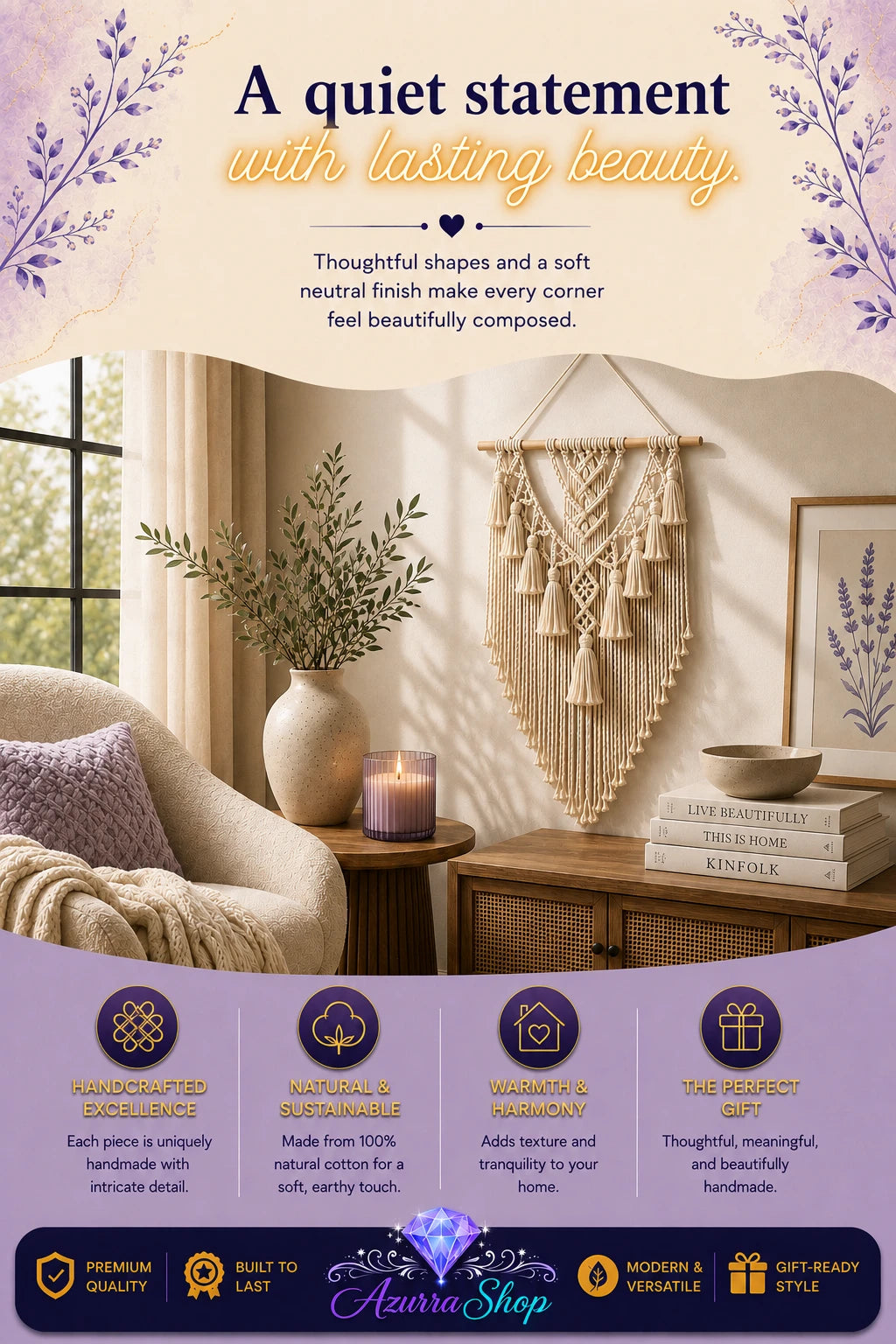 Macrame wall hanging above a wooden console table in a cozy living room with an armchair and lavender sprigs.