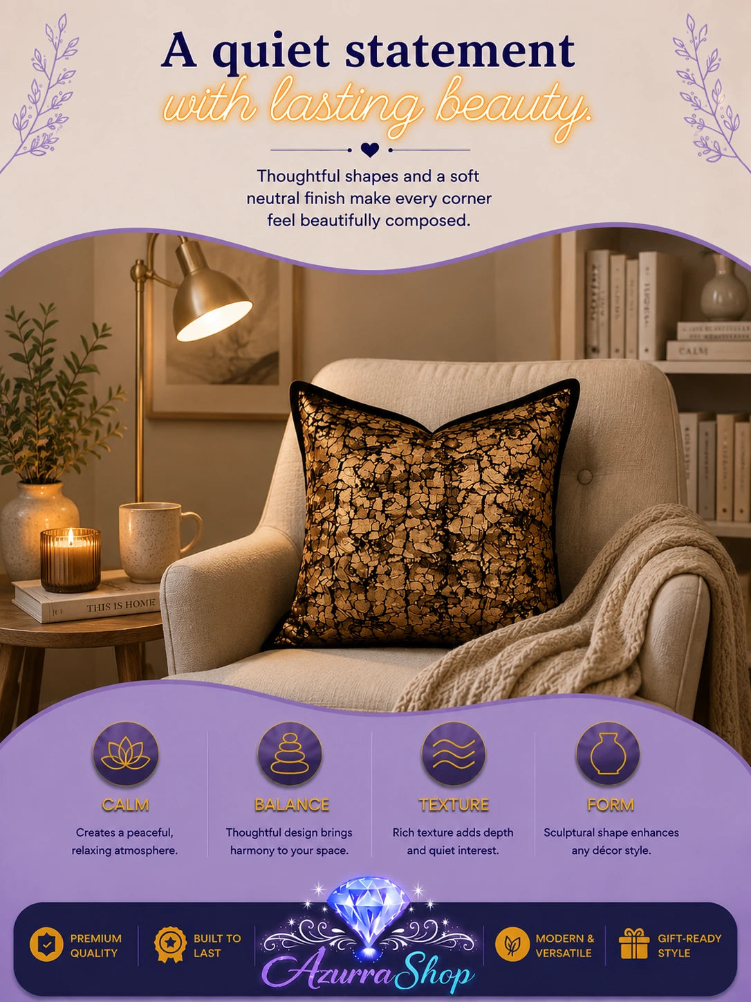 Black and gold lace-patterned throw pillow on a beige armchair in a cozy living room with a reading lamp and bookshelf