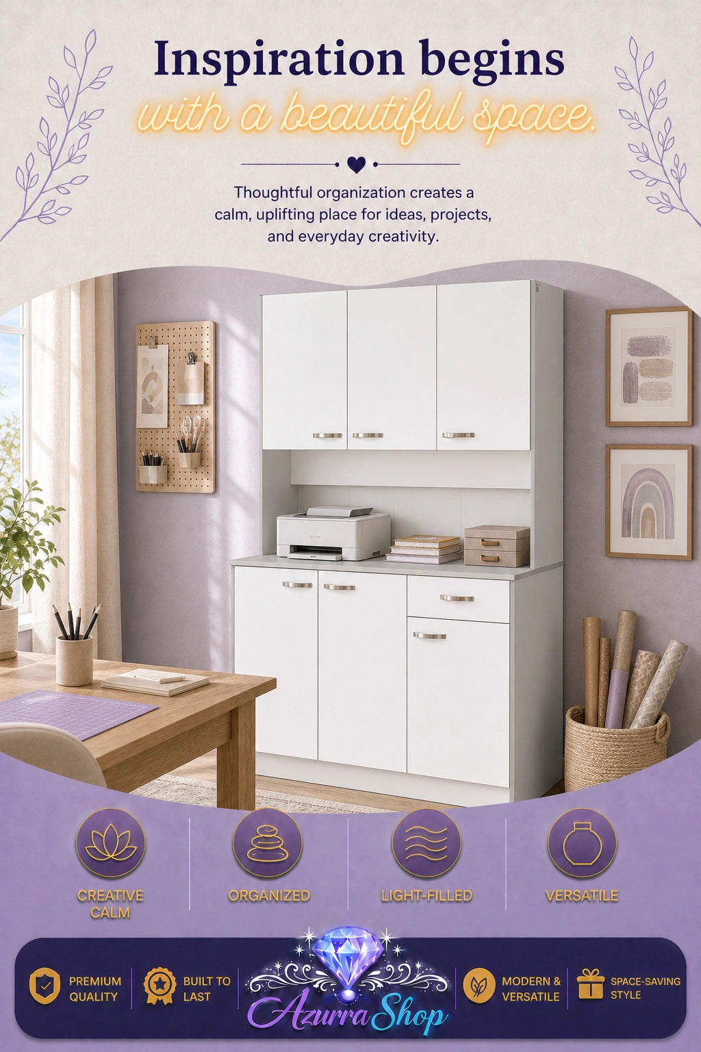 White double-door pantry cabinet with drawers and a countertop, styled in a bright home office setting, with an inspirational text overlay and Azurra Shop branding footer.