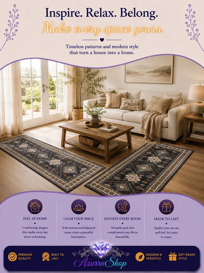 A promotional listing graphic for a long area rug shown installed in a styled living room. The scene includes a beige sofa, wood coffee table, lamps, and large windows, with decorative text at the top and a purple footer panel featuring the brand name Azura Shop.