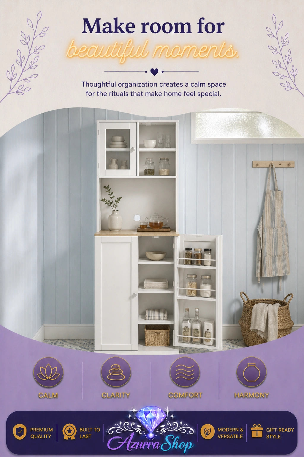 White wooden storage cabinet with glass-front upper shelves and a lower door, styled against lavender walls with towels and baskets.