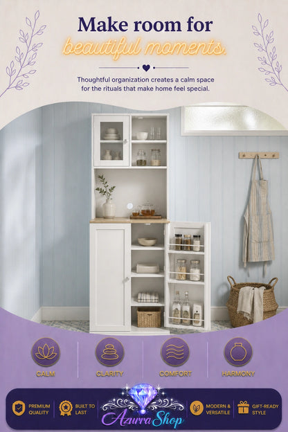 White wooden storage cabinet with glass-front upper shelves and a lower door, styled against lavender walls with towels and baskets.