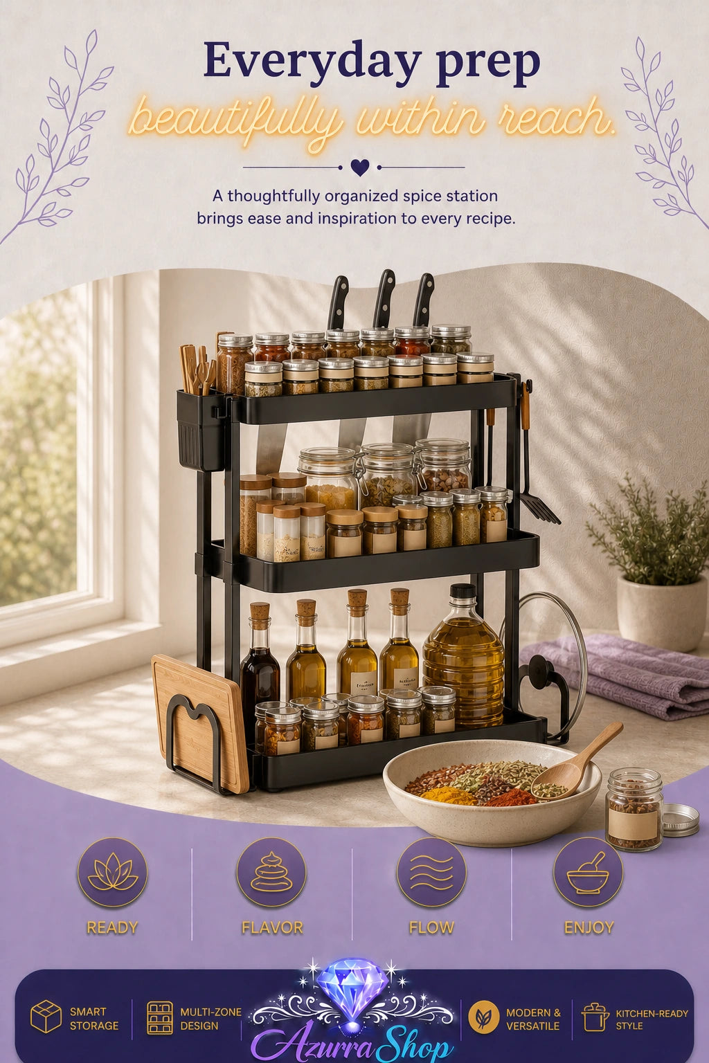 A three-tier black metal spice rack filled with jars and bottles, positioned on a kitchen countertop near a window, with a bowl of food nearby and promotional text overlaid.