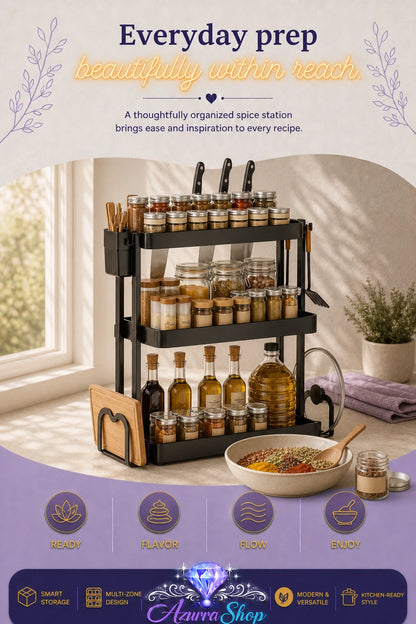 A three-tier black metal spice rack filled with jars and bottles, positioned on a kitchen countertop near a window, with a bowl of food nearby and promotional text overlaid.