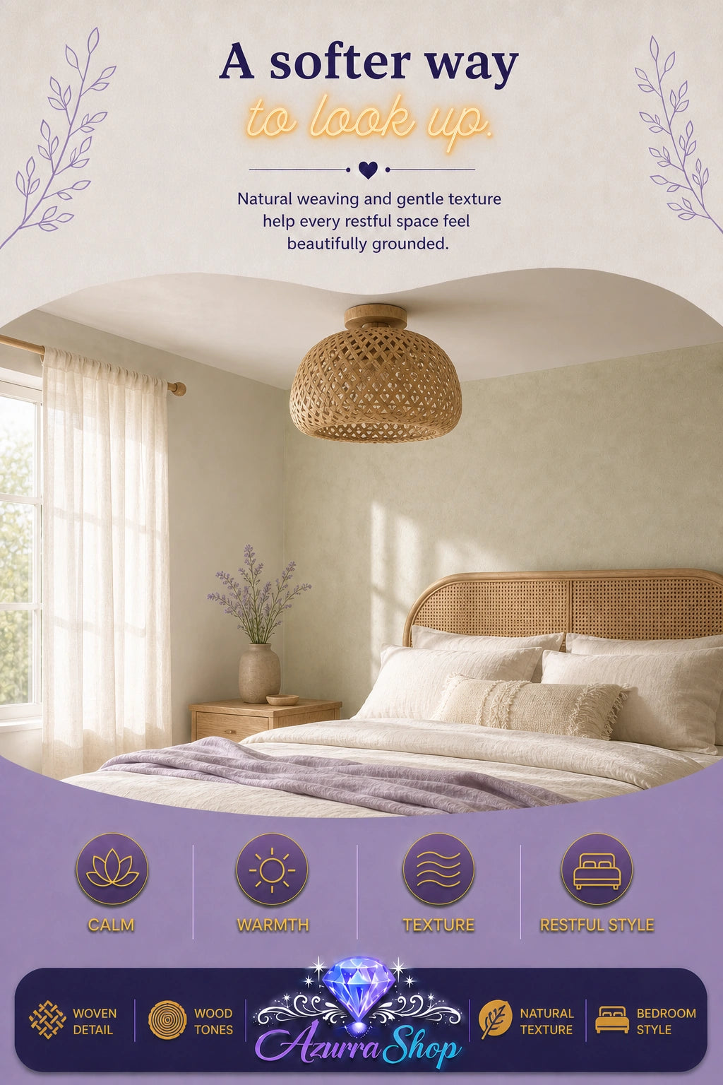 Woven wood ceiling lamp hanging in a beige bedroom with a rattan headboard and white bedding, warm natural light