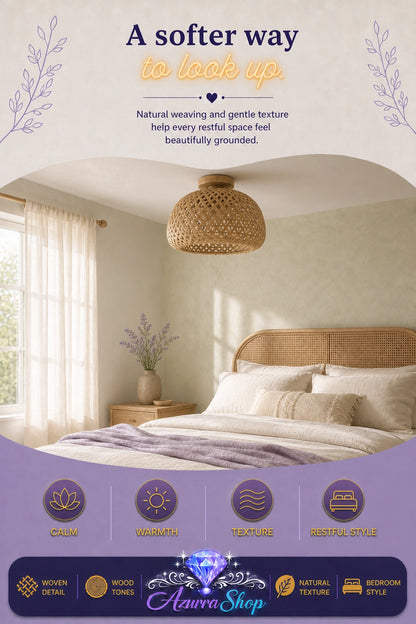 Woven wood ceiling lamp hanging in a beige bedroom with a rattan headboard and white bedding, warm natural light