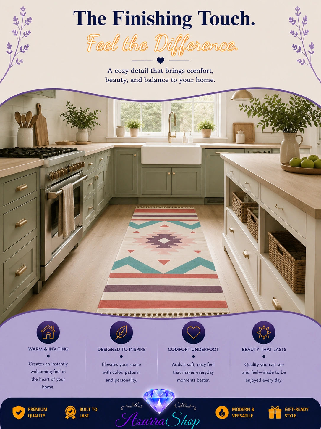 Red, teal, and cream geometric diamond patterned runner rug placed on a kitchen floor between counters