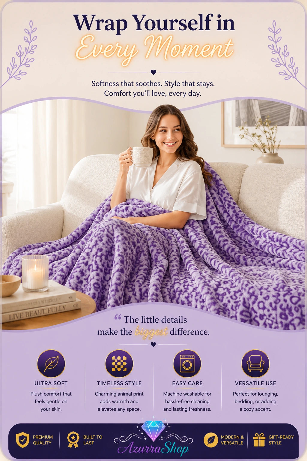 Lavender leopard print fleece blanket draped over a woman sitting on a sofa holding a mug, with an Azurra Shop promotional banner