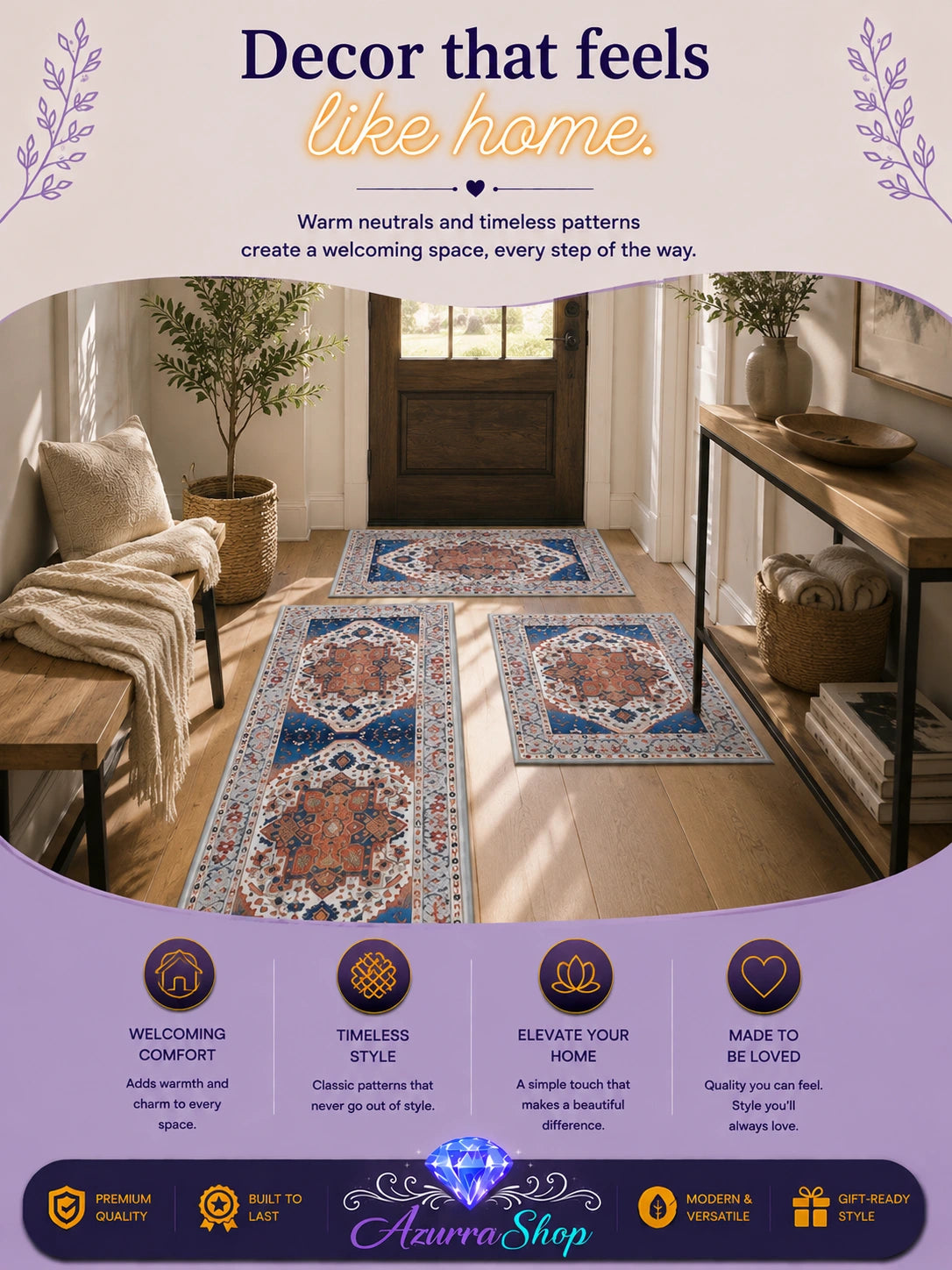 Navy blue and terracotta medallion-patterned runner rugs styled in a modern living room with a sofa and console table, with an Azurra Shop promotional banner