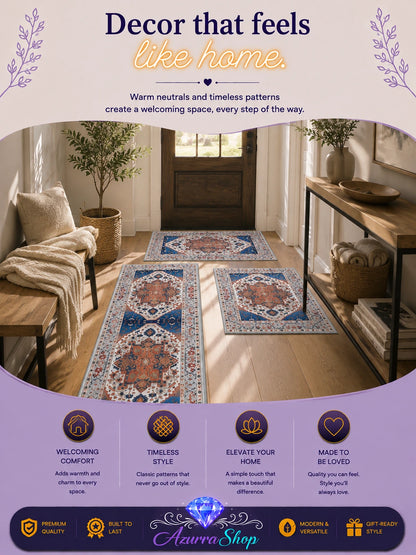 Navy blue and terracotta medallion-patterned runner rugs styled in a modern living room with a sofa and console table, with an Azurra Shop promotional banner