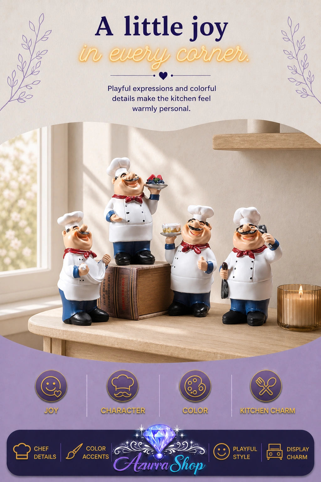 All four hand-painted resin chef figurines (styles A, B, C, and D) displayed together on a wooden kitchen shelf with a candle