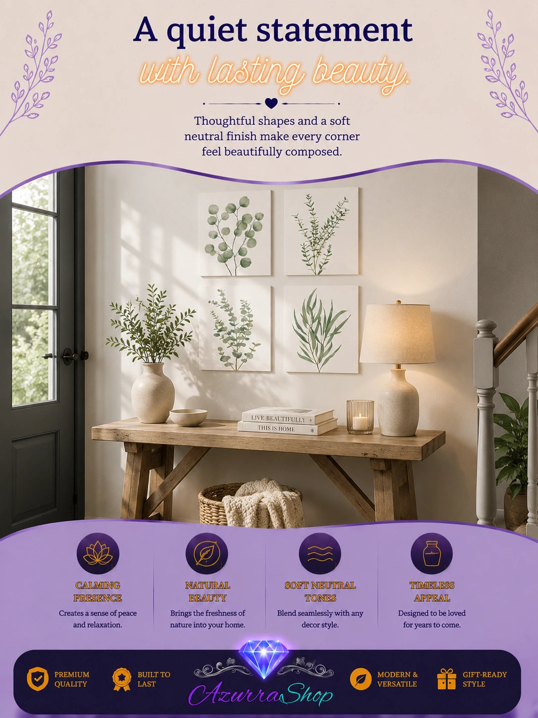 Four framed sage green eucalyptus and leaf botanical prints displayed above a wooden entryway table near a front door, with an Azurra Shop promotional banner