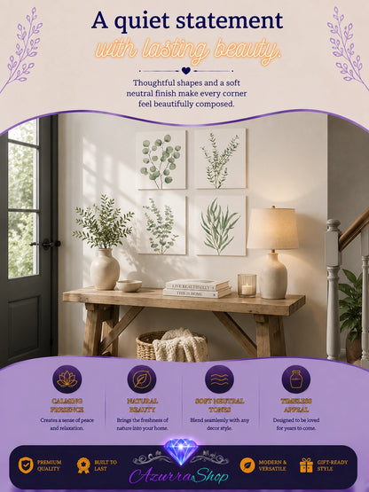 Four framed sage green eucalyptus and leaf botanical prints displayed above a wooden entryway table near a front door, with an Azurra Shop promotional banner