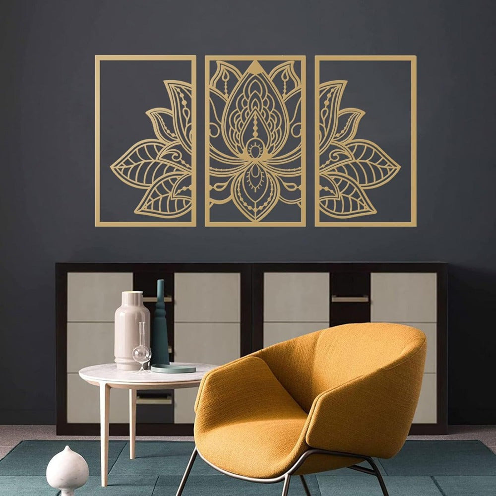 Handmade Metal Golden Lotus Mandala Wall Art — gold wrought iron, boho zen decor for living room — Azurra Shop