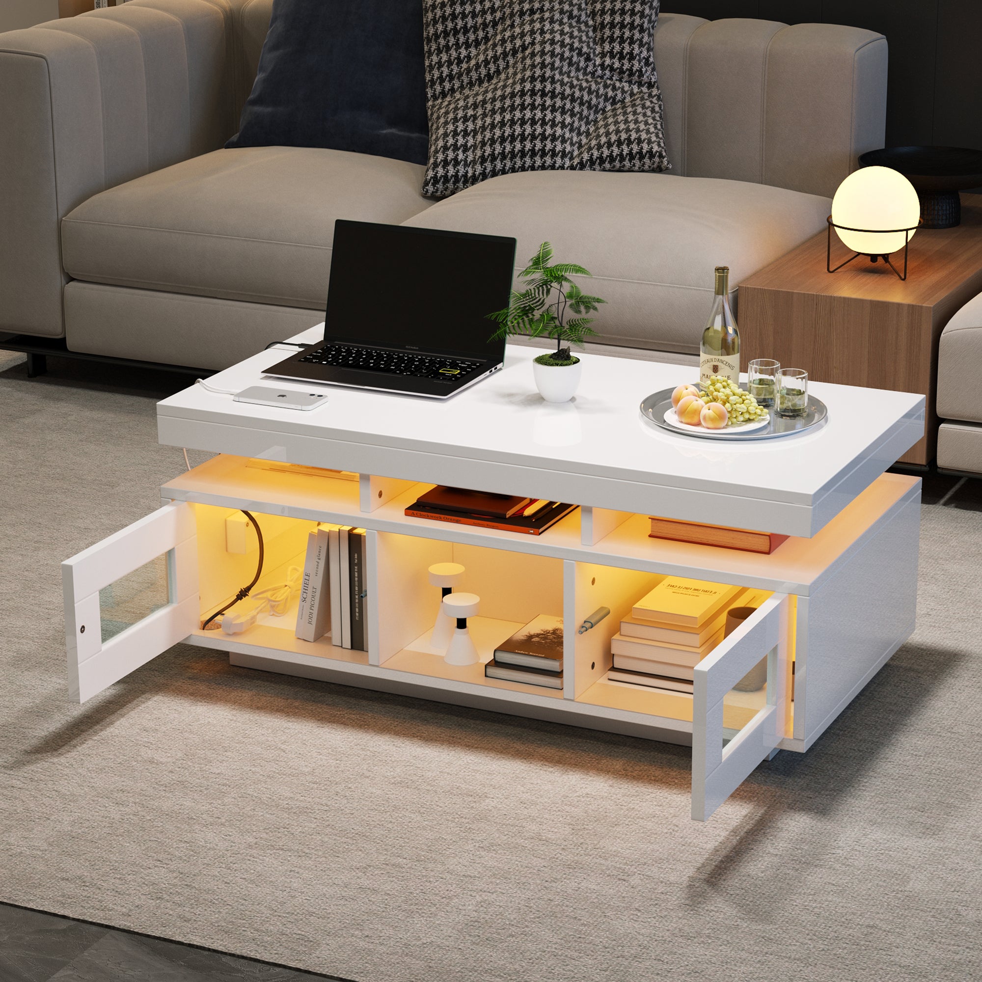 High Gloss Coffee Table with LED Lights &amp; USB Charging — white particleboard, 2 acrylic cabinet doors, app-controlled LED, 39x20x17" — Azurra Shop
