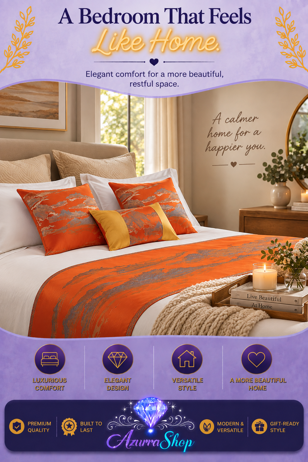 Chinese Landscape Style Bed Runner &amp; Pillow Set