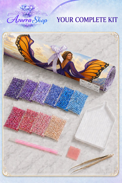 Diamond painting supplies flat lay for The Butterfly Within — Azurra Shop