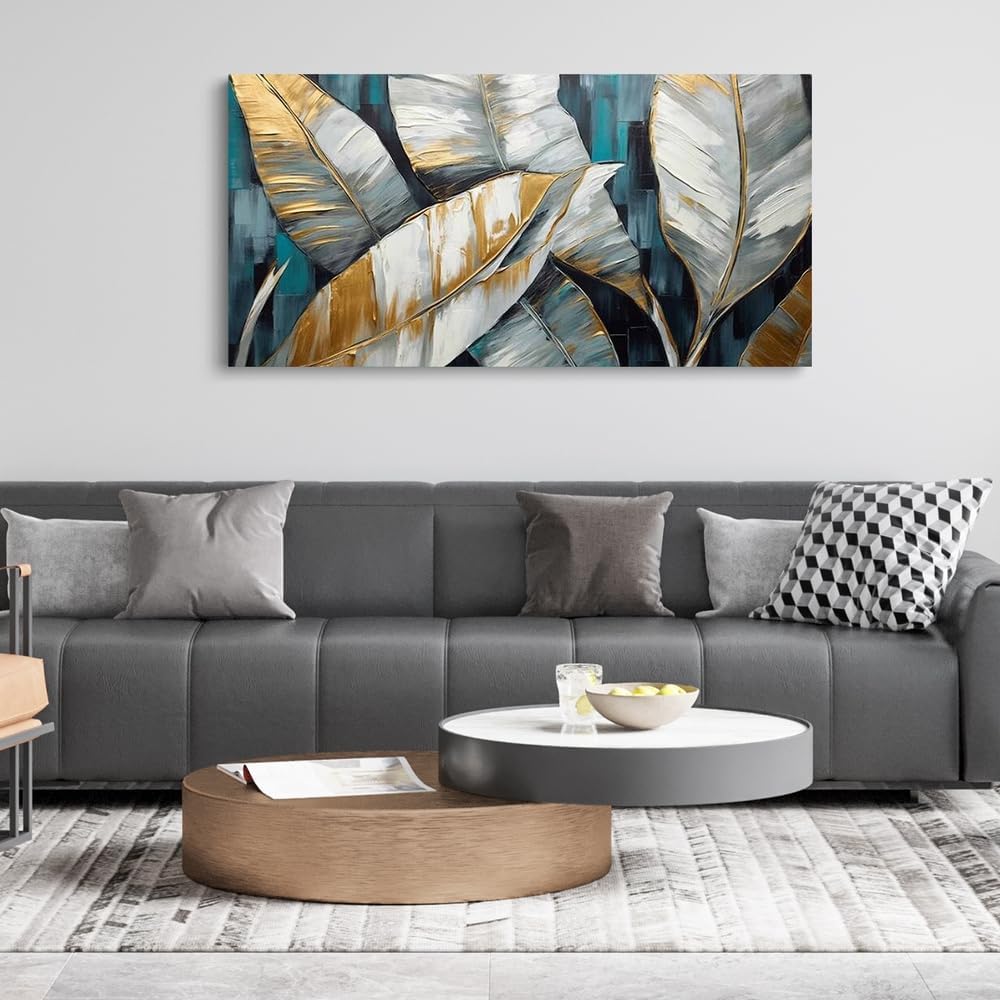 Handmade Abstract Oil Painting — Golden Green Banana Leaves