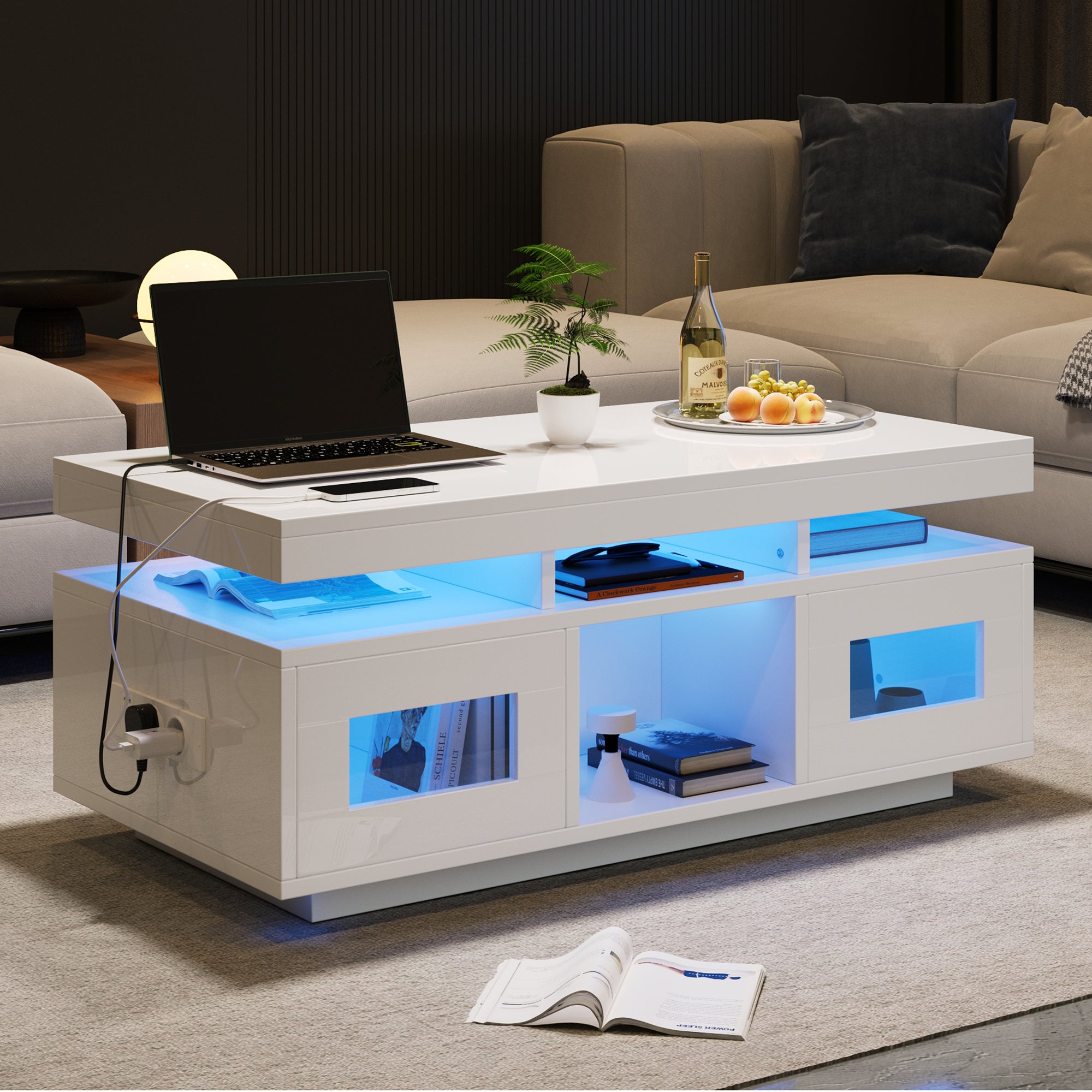 High Gloss Coffee Table with LED Lights &amp; USB Charging — White