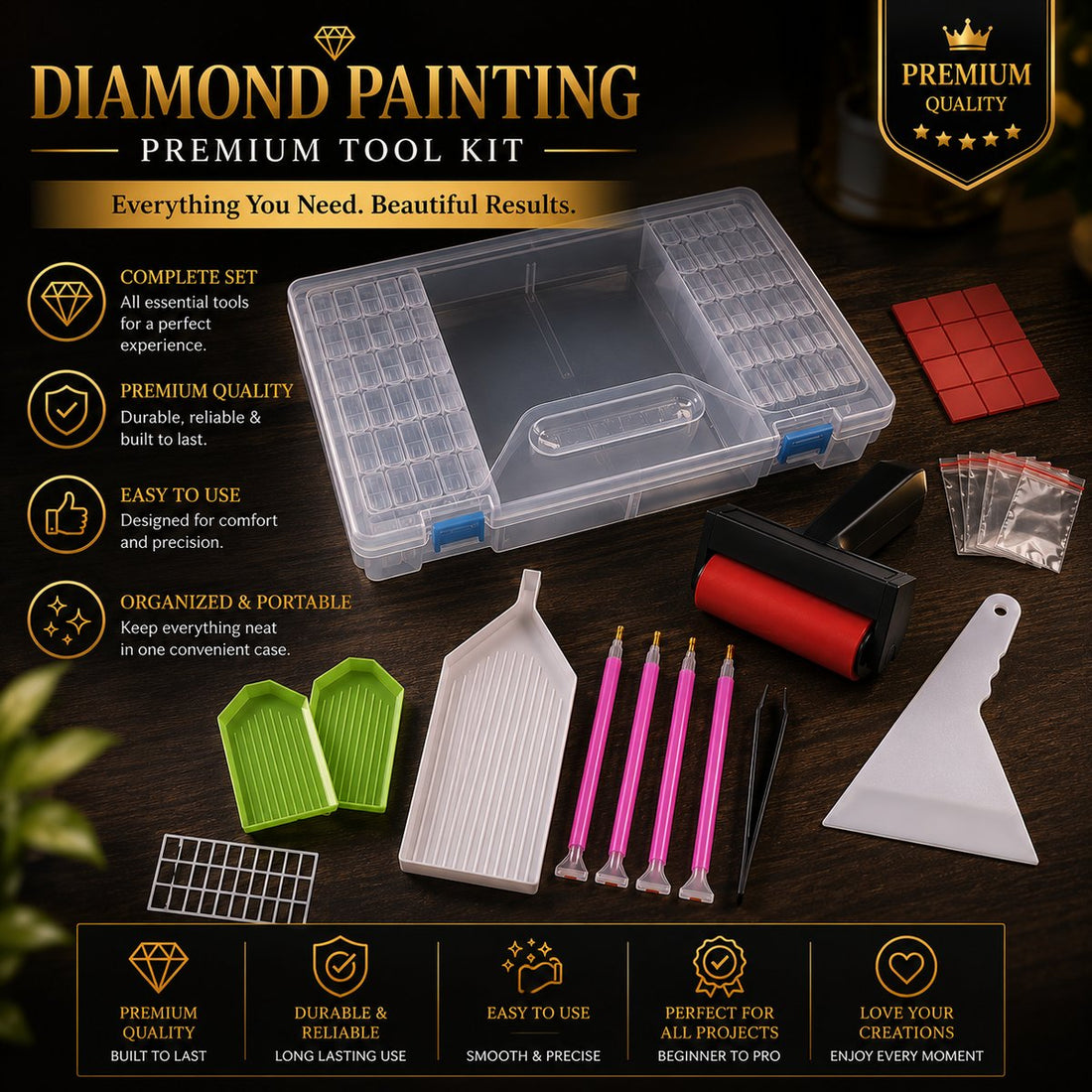 64 piece diamond painting tool set laid out with storage case, roller, applicator pens, and trays