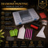 64 piece diamond painting tool set laid out with storage case, roller, applicator pens, and trays