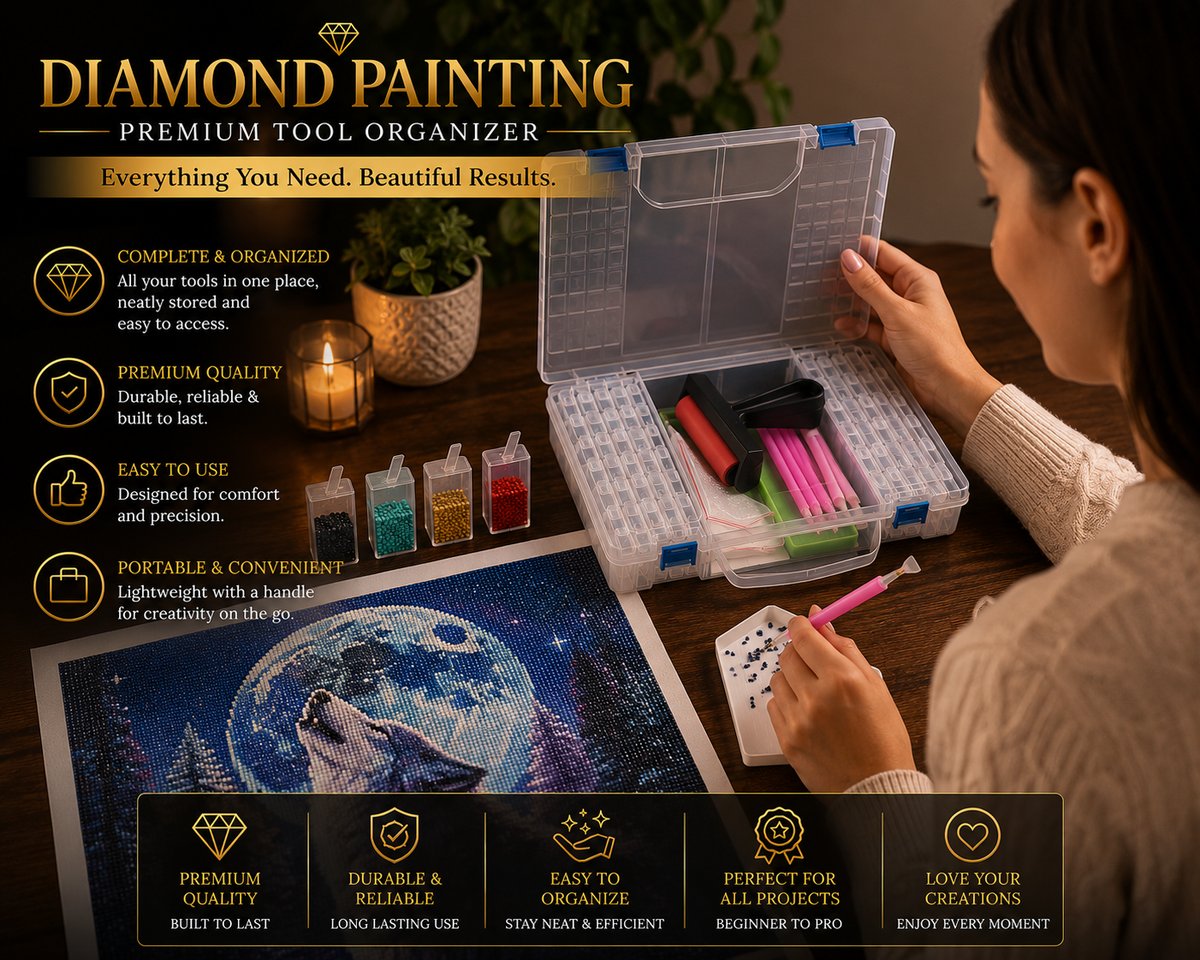Woman using the 64 piece tool set at a desk while working on a wolf diamond painting