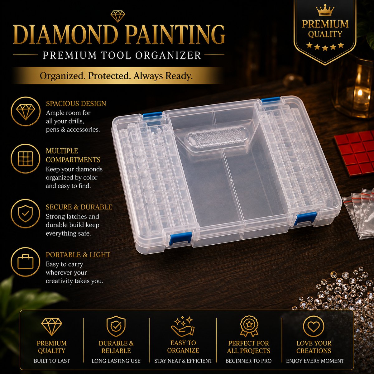 Empty 64 piece tool set storage case with individual grid compartments