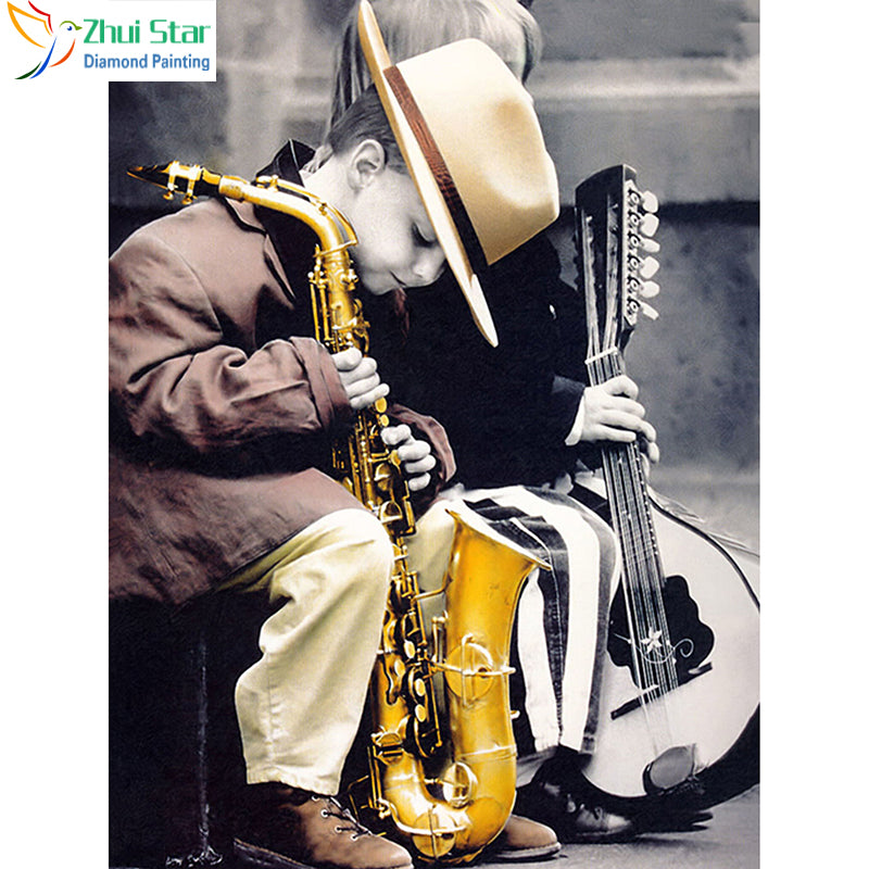 Boy with saxophone diamond painting kit – 12x16" square drill whimsical music wall art by Azurra Shop