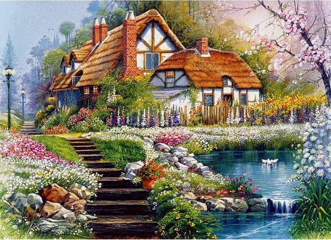Little cottage diamond painting kit – 12x16" charming countryside house oil canvas wall art by Azurra Shop