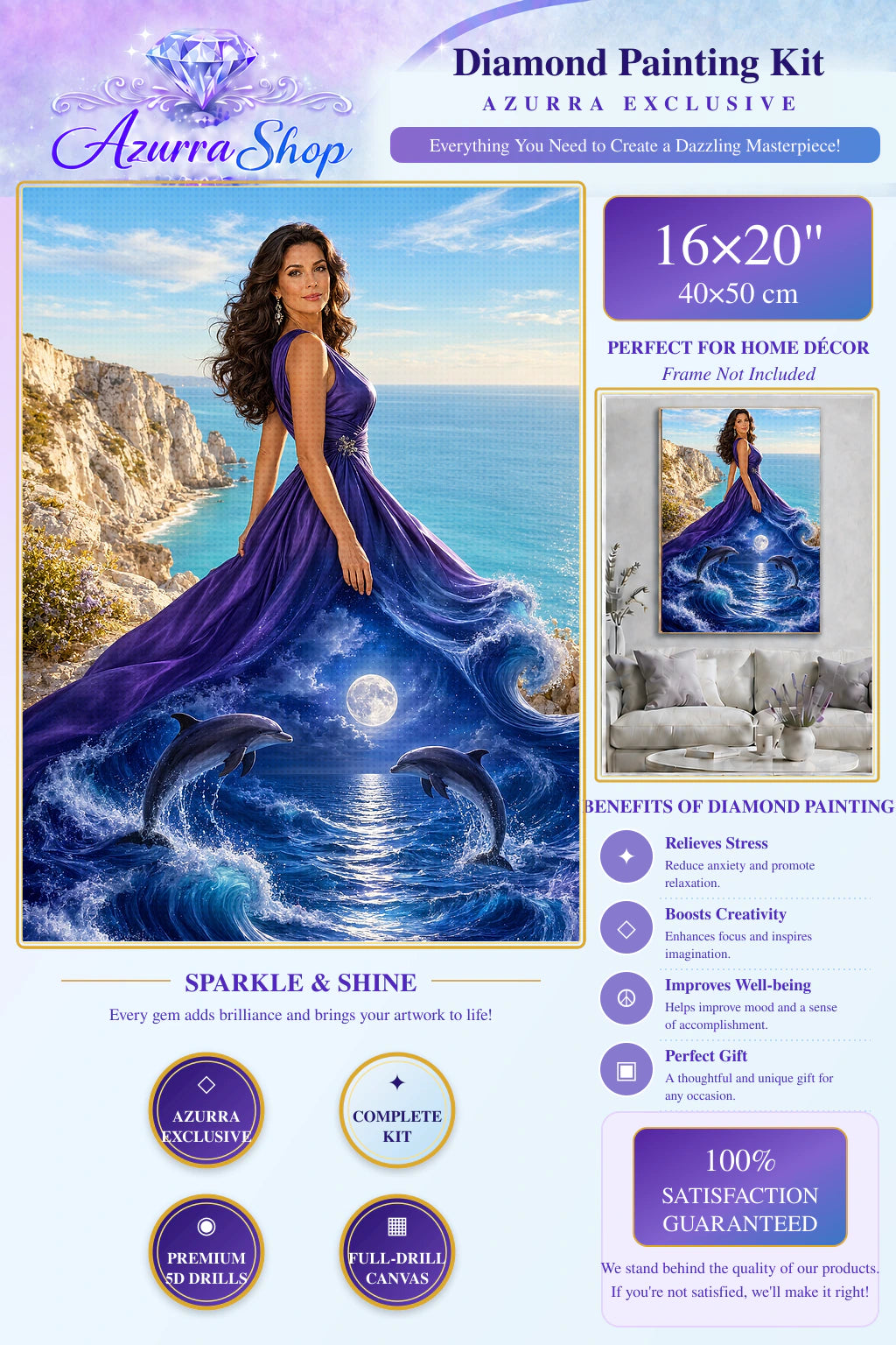 The Ocean in Her Gown Azurra Exclusive 5D diamond painting kit detail and 16X20 size guide