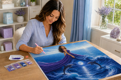 The Ocean in Her Gown Azurra Exclusive 5D diamond painting kit in a cozy creative workspace