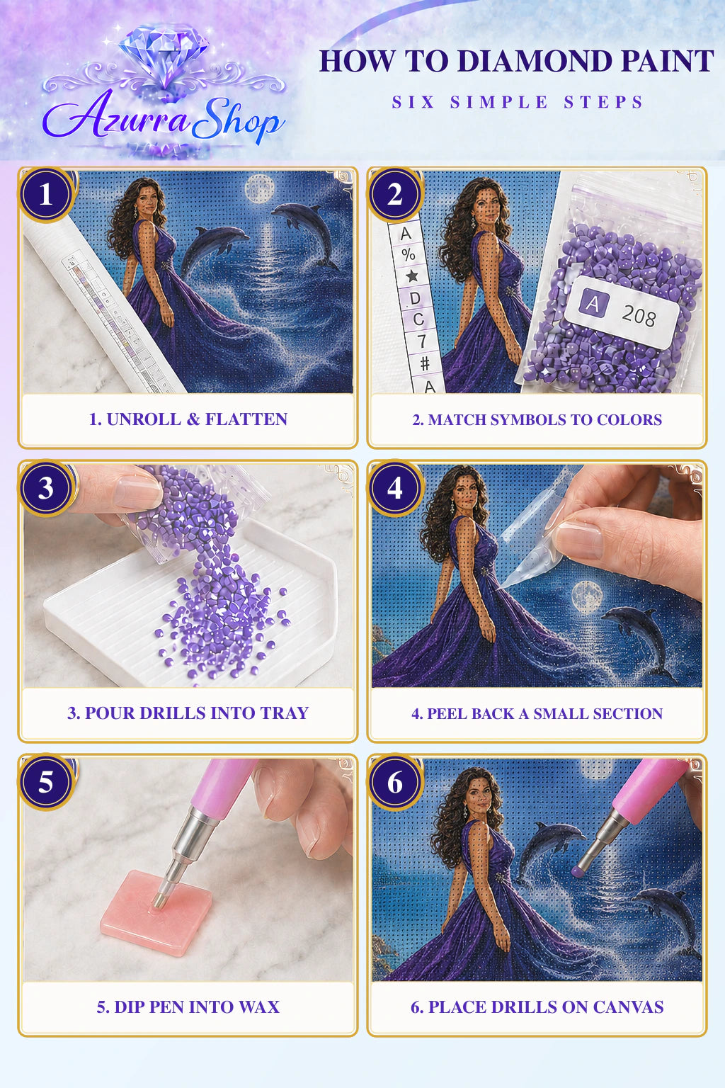 Diamond painting steps for The Ocean in Her Gown Azurra Exclusive 5D kit