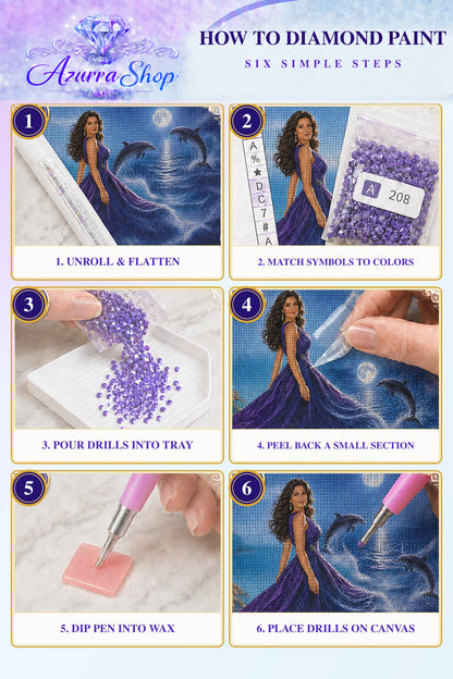Diamond painting steps for The Ocean in Her Gown Azurra Exclusive 5D kit