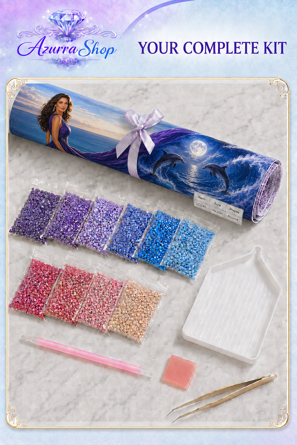 Supplies included with The Ocean in Her Gown Azurra Exclusive 5D diamond painting kit